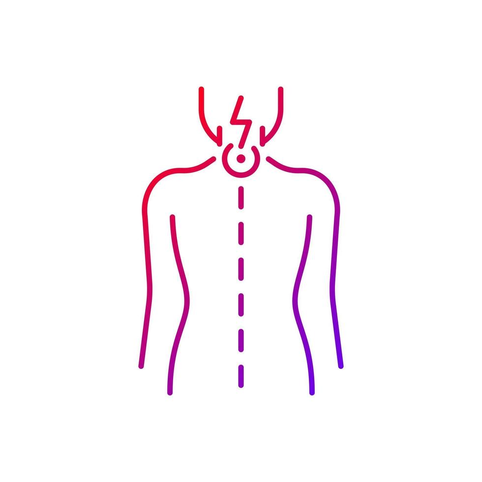 ícone de vetor linear gradiente de dor no pescoço. compressão da raiz nervosa. radiculite cervical. pressão nos nervos espinhais. símbolos de cor de linha fina. pictograma de estilo moderno. desenho de contorno isolado de vetor