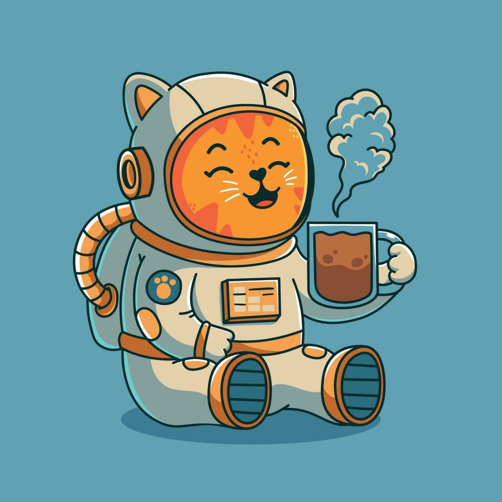 desenho animado astronauta gato com café vetor