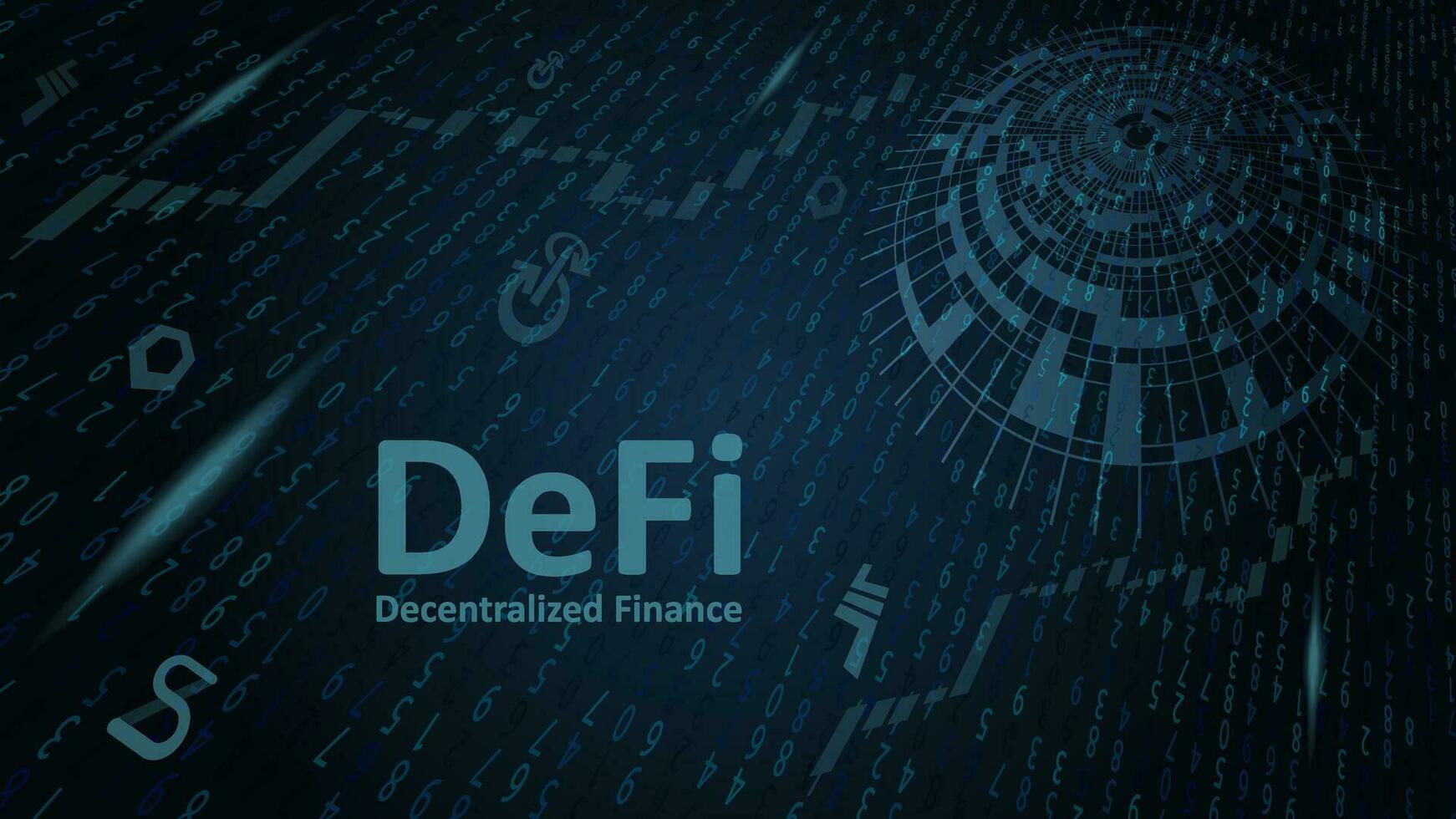 defi descentralizado finança em abstrato digital Sombrio fundo com vôo dígitos e moeda símbolos. a ecossistema do financeiro formulários e Serviços Sediada em público blockchain. vetor eps 10.