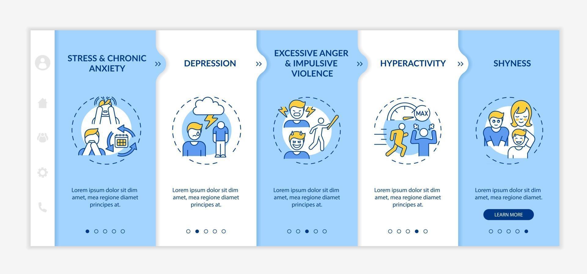 problemas psicológicos com o modelo de vetor de integração de autocontrole. site móvel responsivo com ícones. passo a passo da página da web telas de 5 etapas. conceito de cor de saúde mental com ilustrações lineares