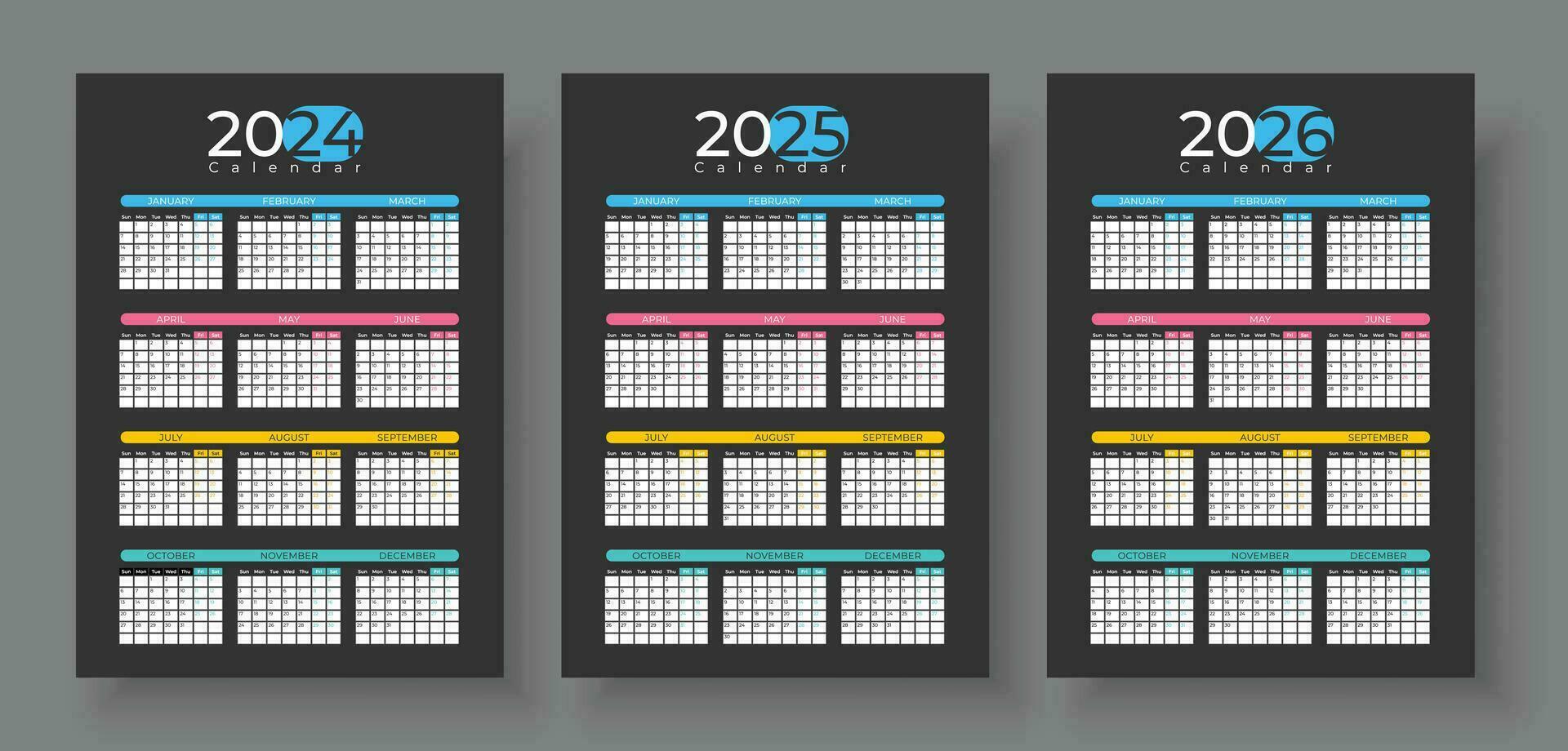 calendário 2024, 2025, 2026 anos. vetor. semana começa Domingo. papelaria modelo com 12 meses vetor