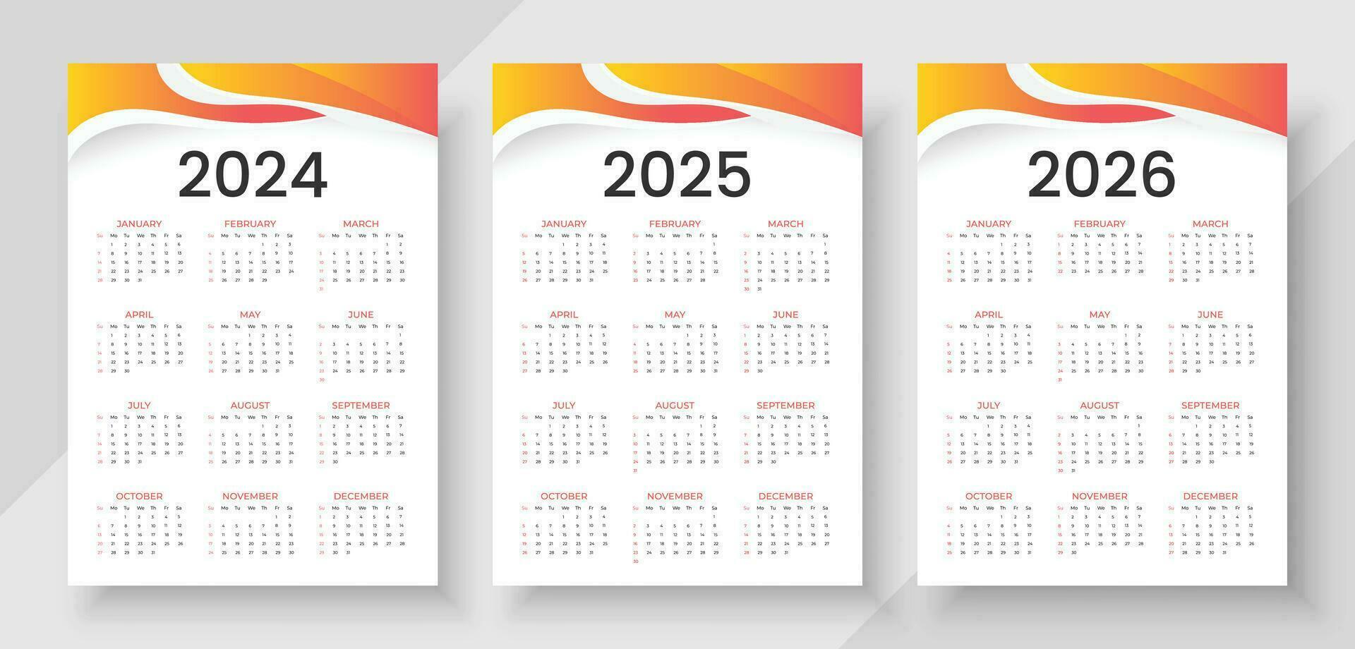 calendário 2024, 2025, 2026. simples vertical calendário Projeto modelo. semana começa em Domingo. cor vetor bolso calendário Projeto
