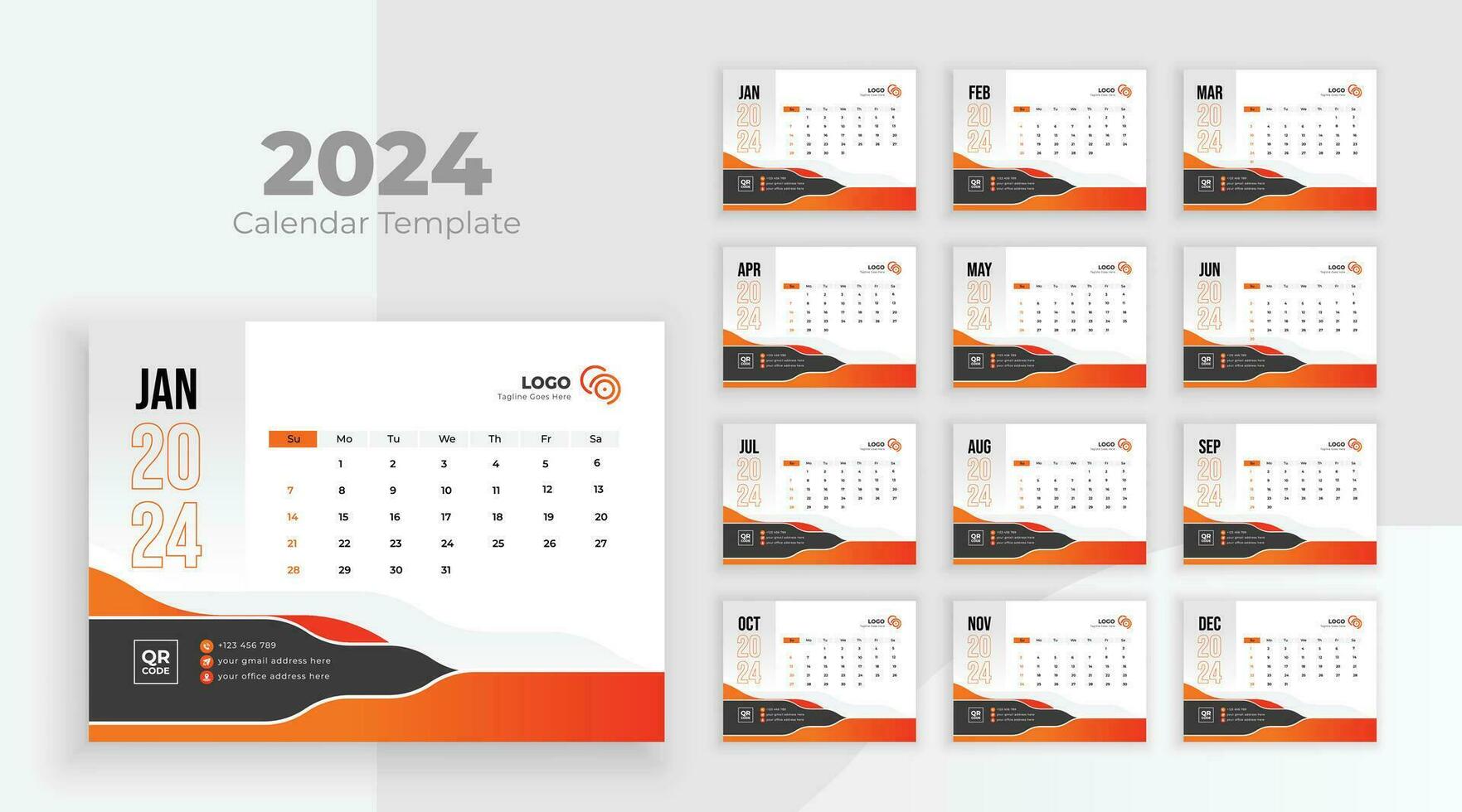 calendário modelo para 2024 ano. semana começar em Domingo. minimalista escrivaninha calendário 2024 modelo, planejador, o negócio modelo vetor