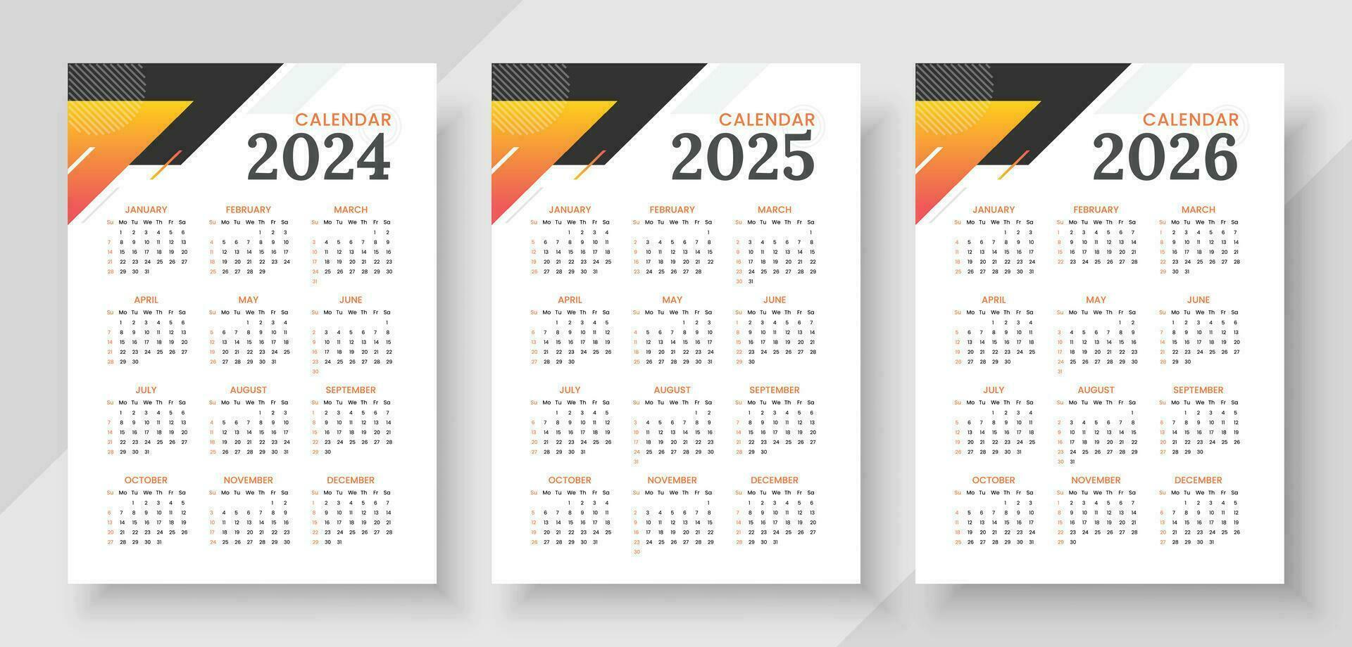 calendário 2024, calendário 2024 e calendário 2026 semana começar domingo corporativo Projeto planejador modelo. parede calendário dentro uma minimalista estilo vetor