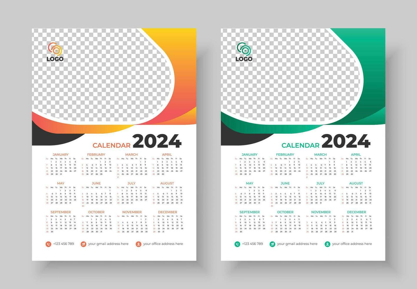 parede calendário 2024 modelo Projeto. 1 página calendário. 12 meses calendário. semana começa em domingo vetor