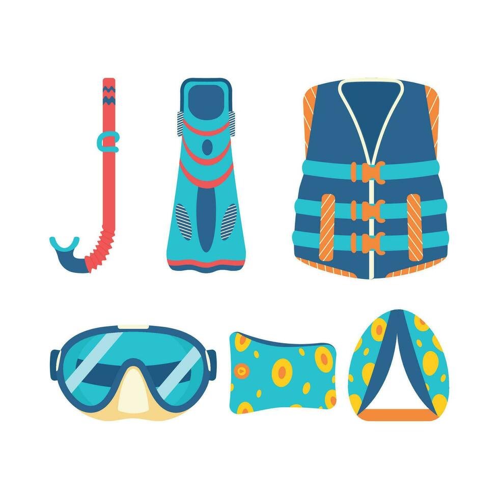 de praia conjunto para verão viagens. mascarar, tubo, nadadeiras, mergulho mergulhando, mergulho com snorkel, vida, jaqueta, inflável algemas. vetor