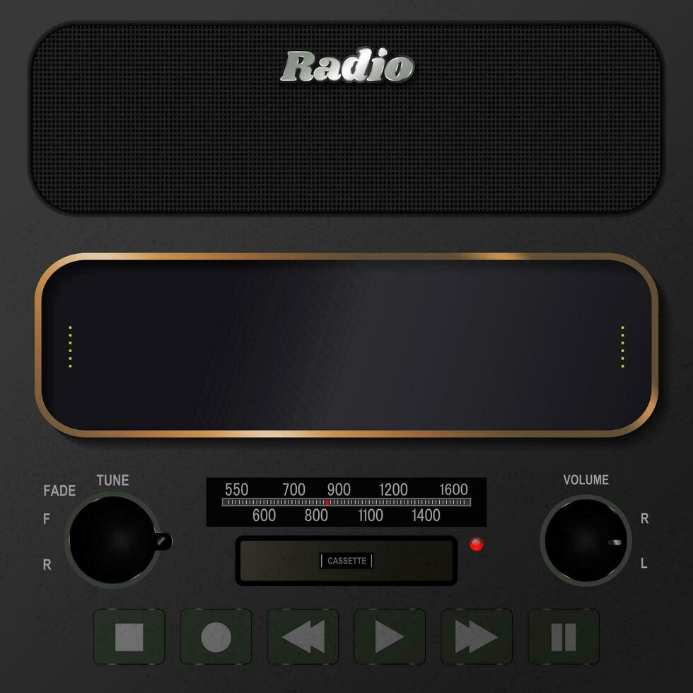 frente do Visão do uma estéreo digital rádio com esvaziar digital exibição tela e malha alto falante e rádio controles. multimídia botões, cassete jogador slot. vetor modelo. eps 10