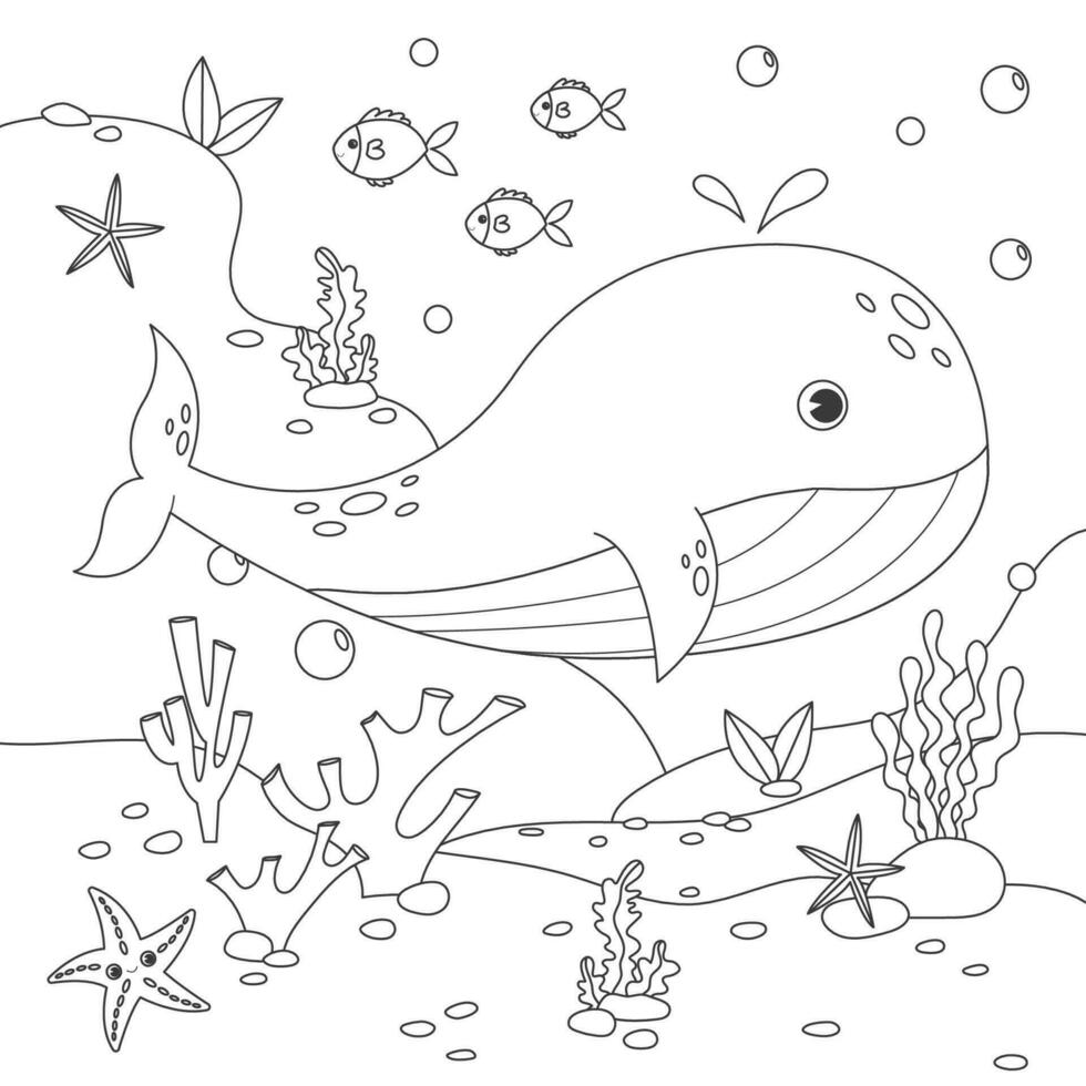 vetor ilustração com algas, baleia, estrelas do mar e peixe, mar chão. fofa quadrado página coloração livro para crianças. simples engraçado crianças desenho. Preto linhas, esboço em uma branco fundo.