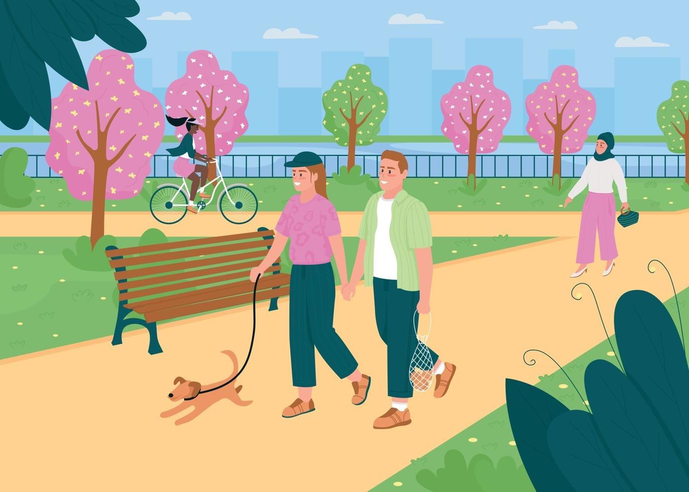 pessoas caminham no parque da primavera ilustração vetorial de cores planas vetor