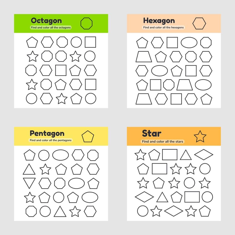 planilha educacional para crianças do jardim de infância, pré-escola e idade escolar. formas geométricas. encontrar e colorir. vetor