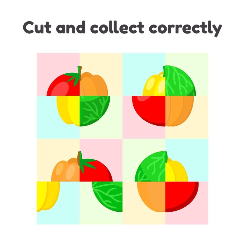 Jogo de quebra-cabeça para crianças. prática de corte. frutas e vegetais.