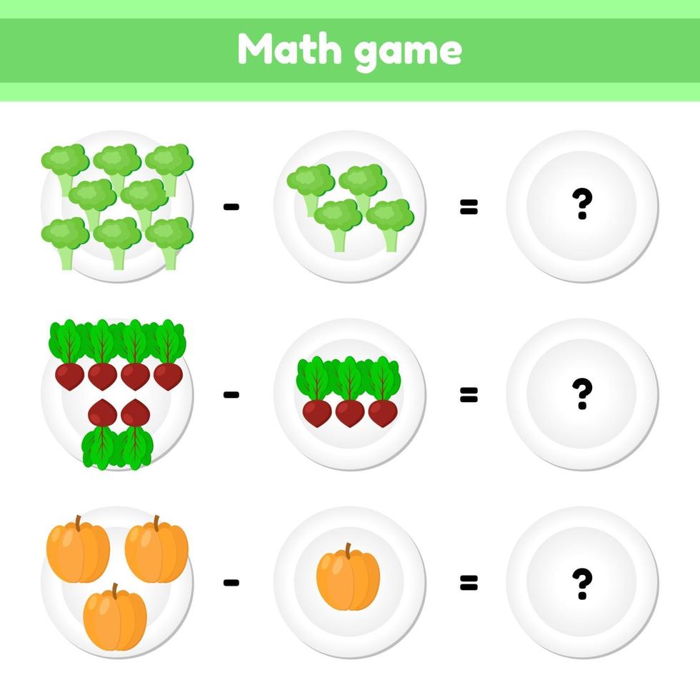 ilustração vetorial. educacional um jogo matemático. tarefa lógica para crianças. subtração. vegetais. brócolis, beterraba, abóbora vetor