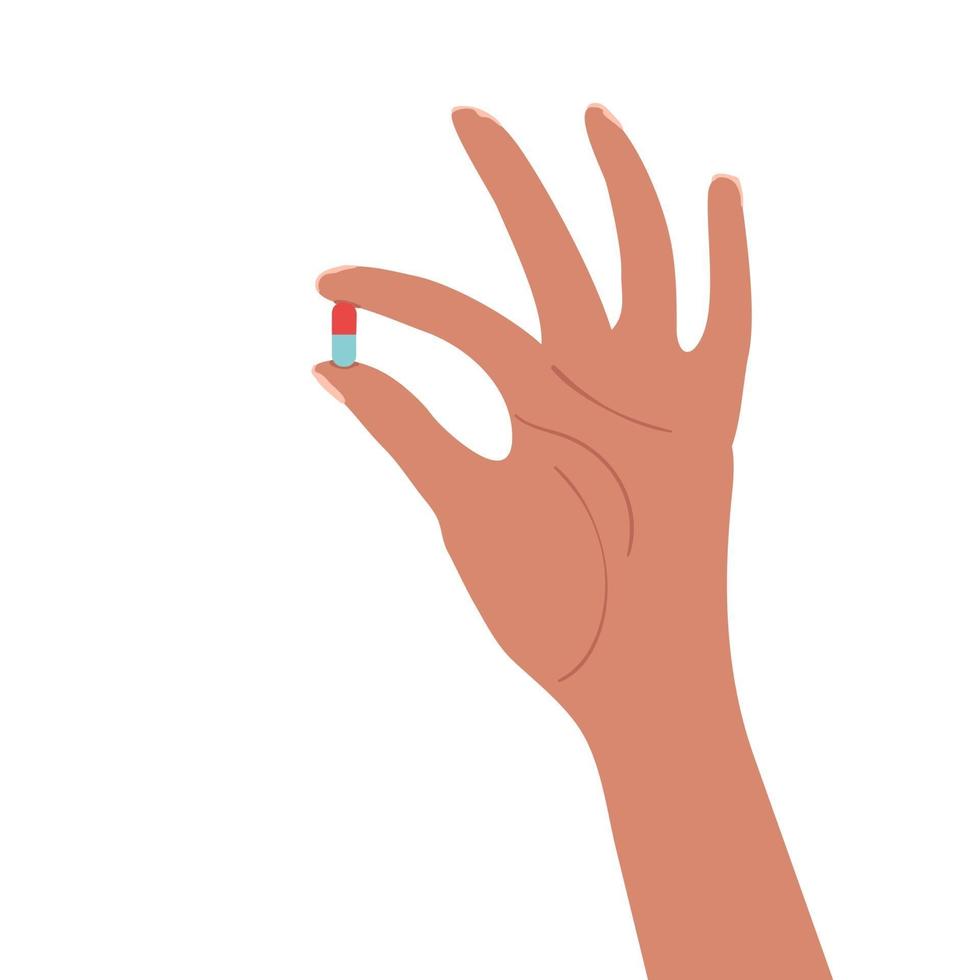 ilustração em vetor colorida de mão segura um comprimido isolado no fundo branco. drogas médicas e conceito de vitamina.