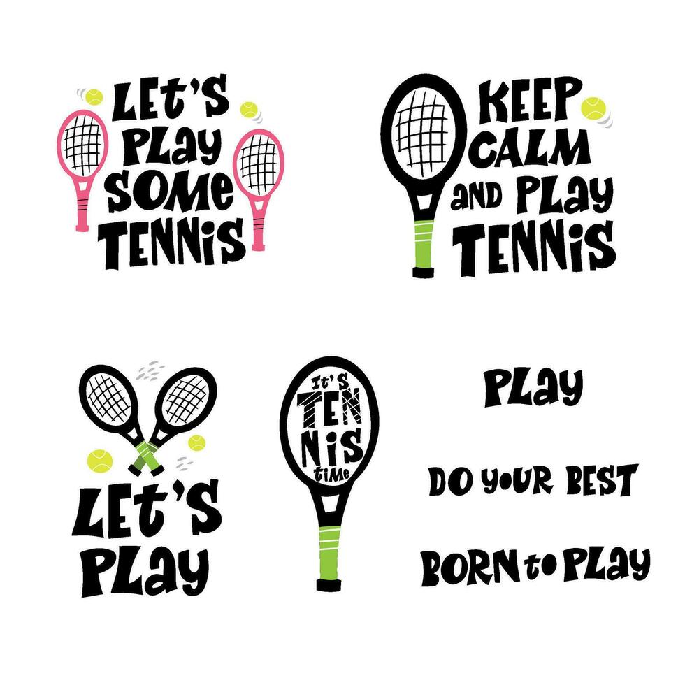 jogar tênis mão desenhado vetor letras definir. motivacional esporte slogans com tênis bolas e raquete em branco fundo. competitivo jogo, saudável estilo de vida conceito.
