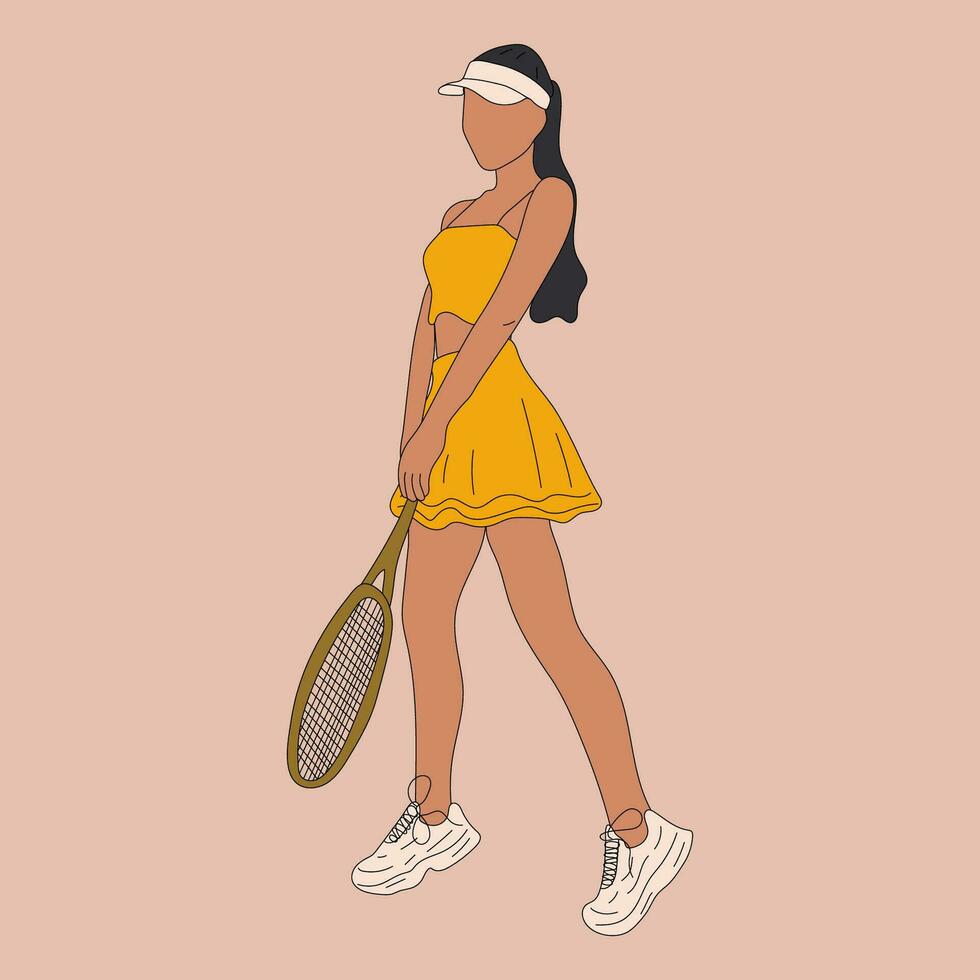 colorida desportista grande tênis jogador. profissional Esportes fêmea segurando raquete e batendo bola. menina personagem dentro na moda roupa de esporte vetor