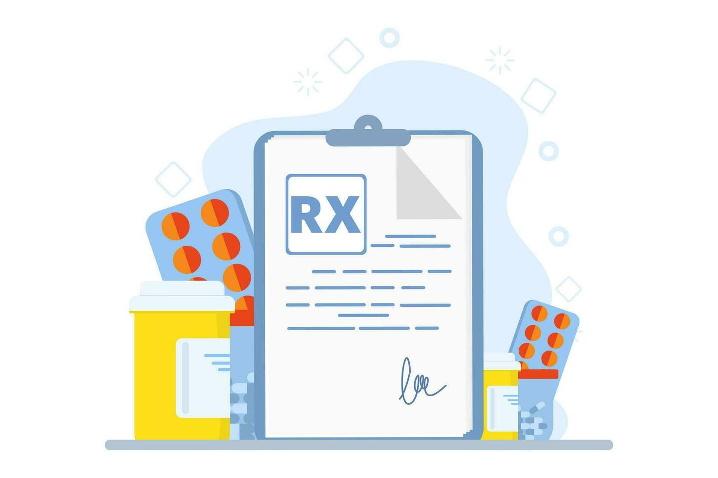 remédio e farmacia conceito, assistência médica, conectados prescrição, doença terapia pílulas, analgésicos. médico escrevendo assinatura. médico prescrição rx. vetor ilustração dentro plano Projeto