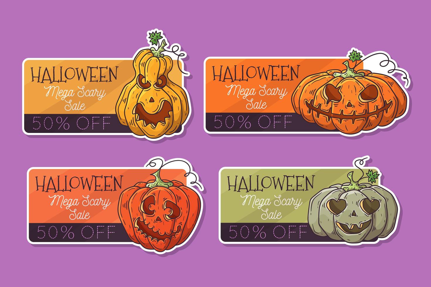 vetor desenhado à mão etiquetas de halloween com abóboras.