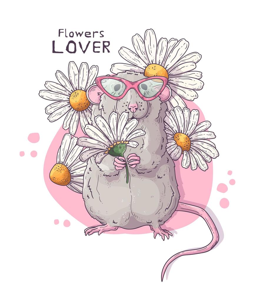 ilustrações desenhadas à mão do vetor. rato bonito realista com flores. vetor