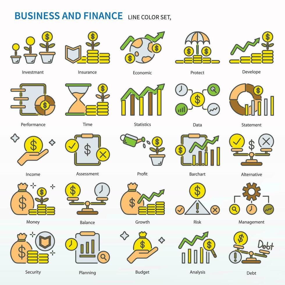 o negócio e finança ícone conjunto - linha cor ícones, editável AVC. mesmo Como investir, seguro, econômico, proteger, desenvolver, desempenho, tempo, estatística, dados, declaração, renda, avaliação, lucro etc. vetor
