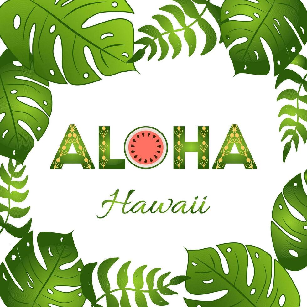 havaiano festa bandeira modelo com aloha letras, Melancia e tropical folhas. vetor ilustração. tipográfico Projeto para cartaz, folheto, poster, convite cartão.
