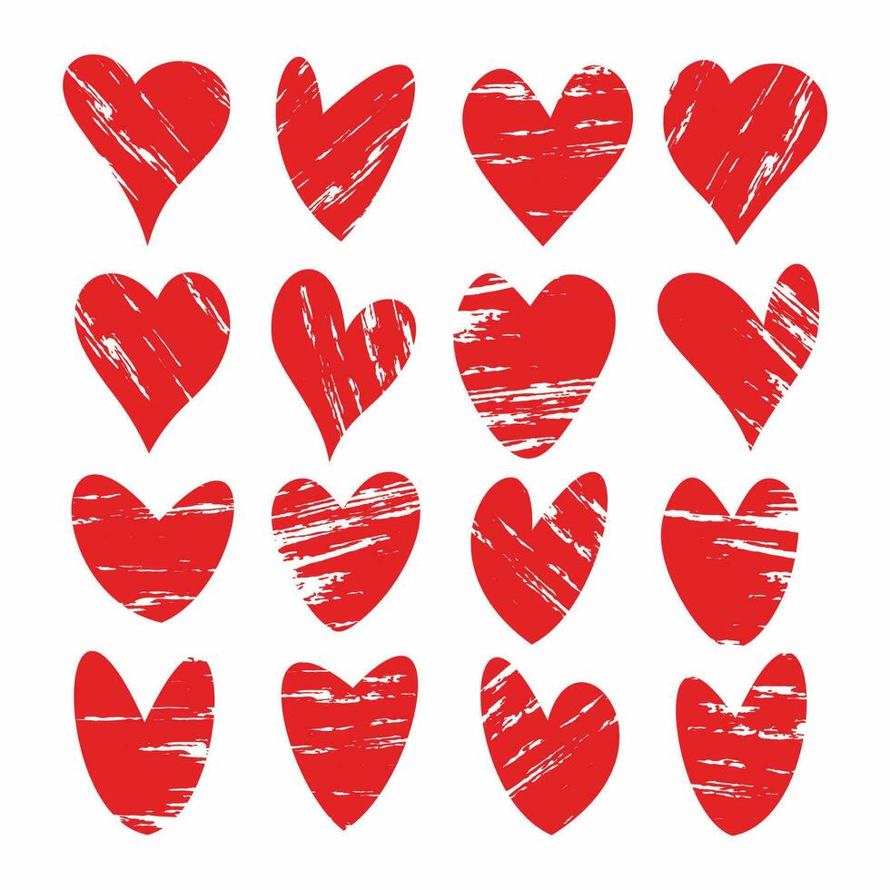 coleção conjunto do vermelho grunge coração. artístico amor ícone. mão desenhando esboço coração. vetor