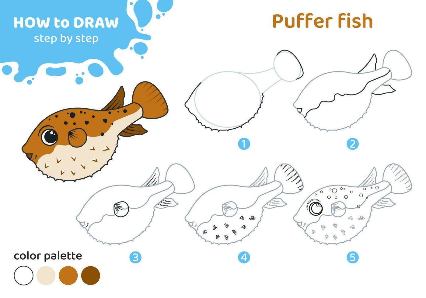 desenhando tutorial para crianças. Educação planilha. quão para desenhar baiacu peixe. degrau de etapa. gráfico tarefa para pré escola e escola crianças com cor paleta. arte com peixe. vetor ilustração.