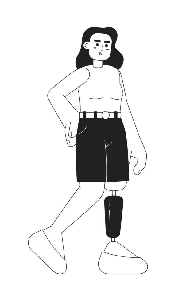 mulher com biônico perna prótese monocromática plano vetor personagem. editável fino linha cheio corpo Forte senhora com protético joelhos em branco. simples bw desenho animado local imagem para rede gráfico Projeto