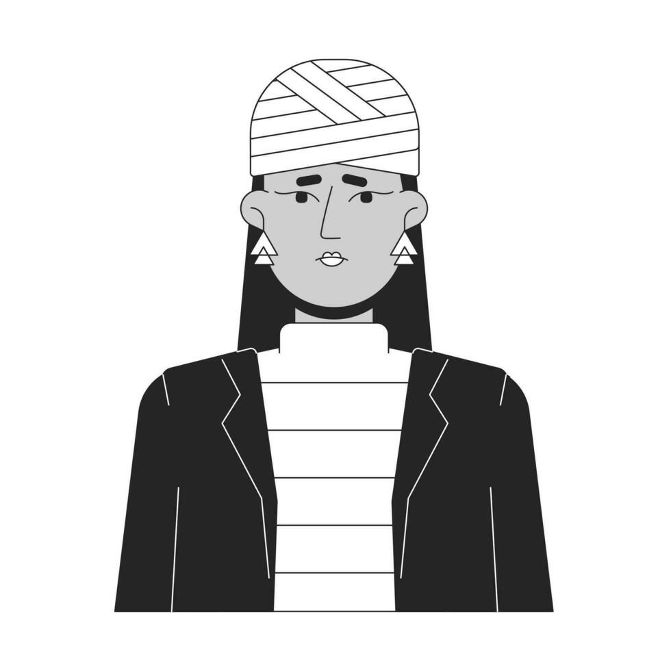 cabeça trauma dentro jovem mulher plano linha Preto branco vetor personagem. editável esboço metade corpo senhora com dor de cabeça em branco. cuidados de saúde simples desenho animado isolado local ilustração para rede gráfico Projeto