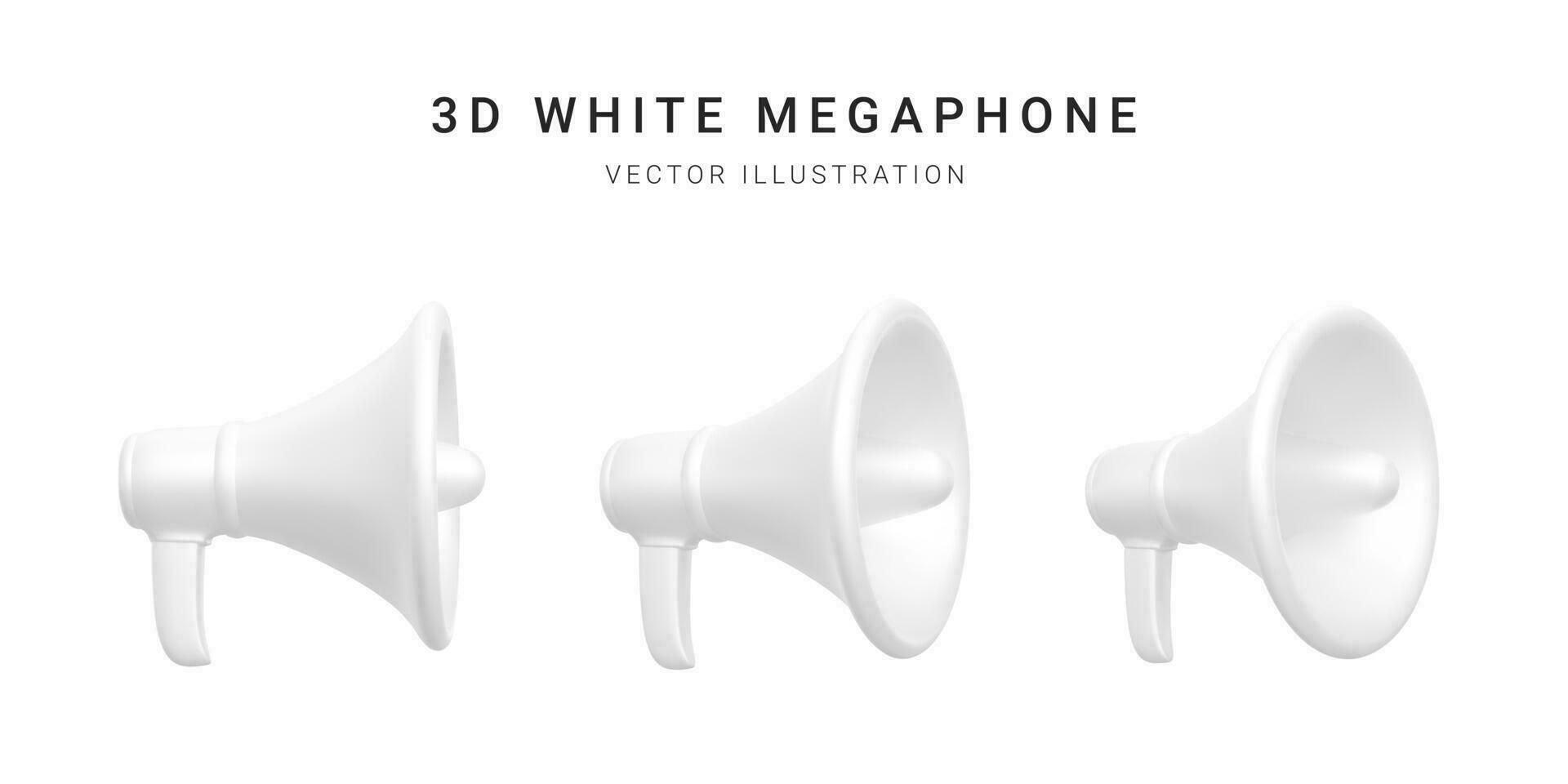 conjunto do 3d plástico megafones isolados em branco fundo. vetor ilustração