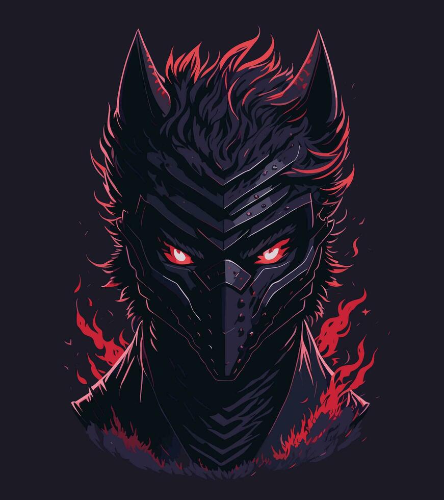 uma detalhado ilustração face mal ninja lobo, magia, camiseta projeto, vermelho cor , Sombrio Magia respingo, escuro, gótico, camiseta Projeto vetor