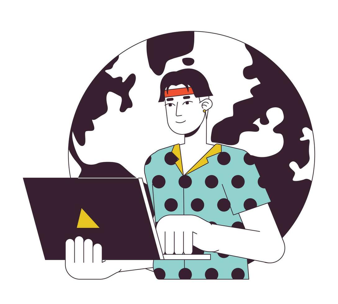 bonito ásia homem digitando em computador portátil plano linha conceito vetor local ilustração. ocupado trabalhador autonomo global trabalhos 2d desenho animado esboço personagem em branco para rede ui Projeto. editável isolado cor herói imagem