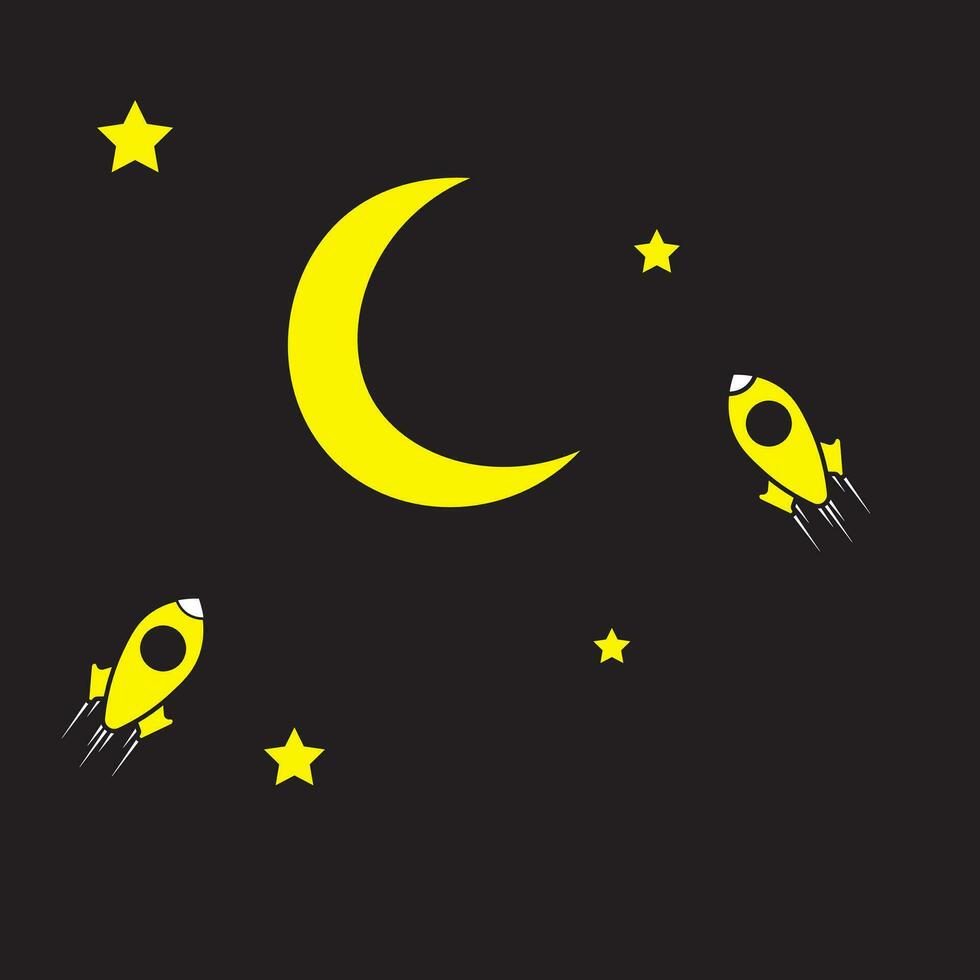 vetor ilustração Projeto do amarelo lua, estrelas e foguete em Preto fundo. adequado para logotipos, ícones, cumprimento cartões, cartazes, adesivos, sites, camiseta desenhos, conceitos, anúncios.