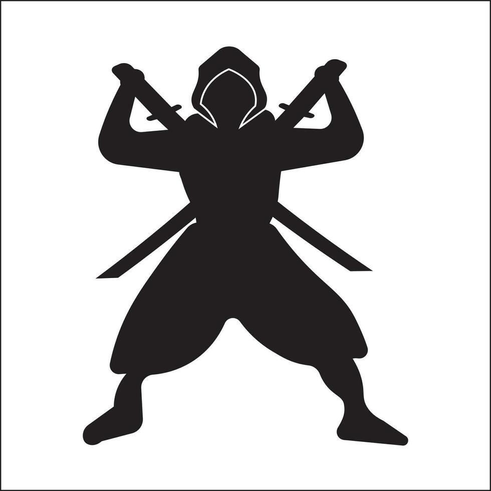 assassino ninja silhueta ilustração Projeto segurando dois katanas. adequado para logotipos, ícones, camiseta desenhos, sites, adesivos, cartazes, anúncios, conceitos, Distintivos. vetor