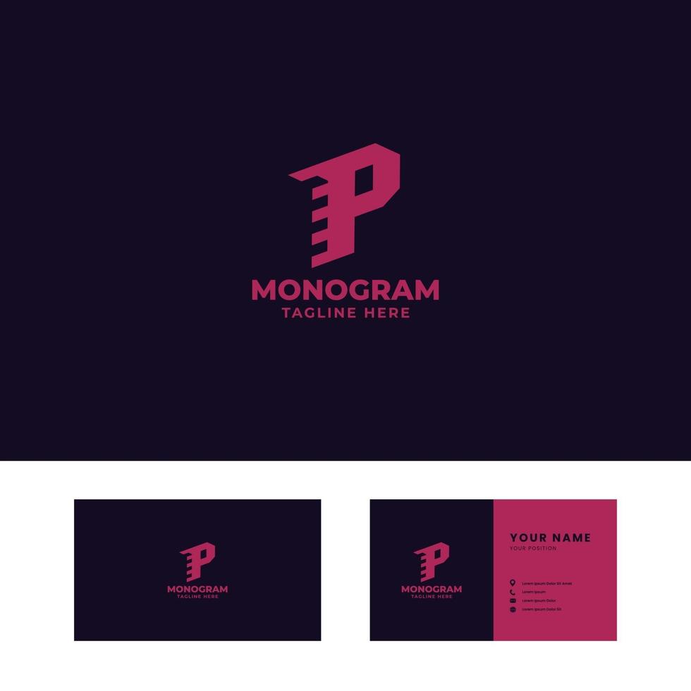 velocidade rosa brilhante e seta letra p em fundo escuro com modelo de cartão de visita vetor