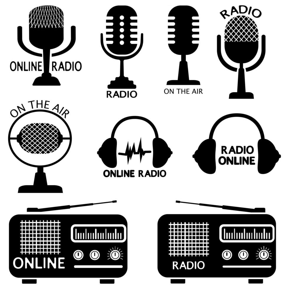 conjunto de sinais de rádio, fones de ouvido e microfone online. sinais ou modelos de logotipo. radiofrequência e nos símbolos do ar. coleções de símbolos para transmissão. vetor