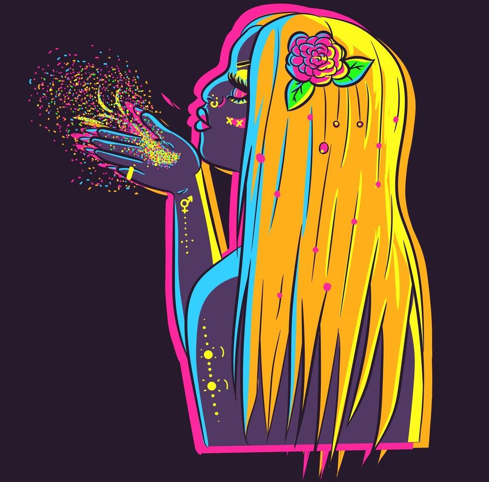 vetor de uma mulher sob luzes de néon, com uma rosa no cabelo. arte da ilustração de uma jovem loira soprando brilhos e confetes. conceito de festa e celebração de uma senhora com pele brilhante.