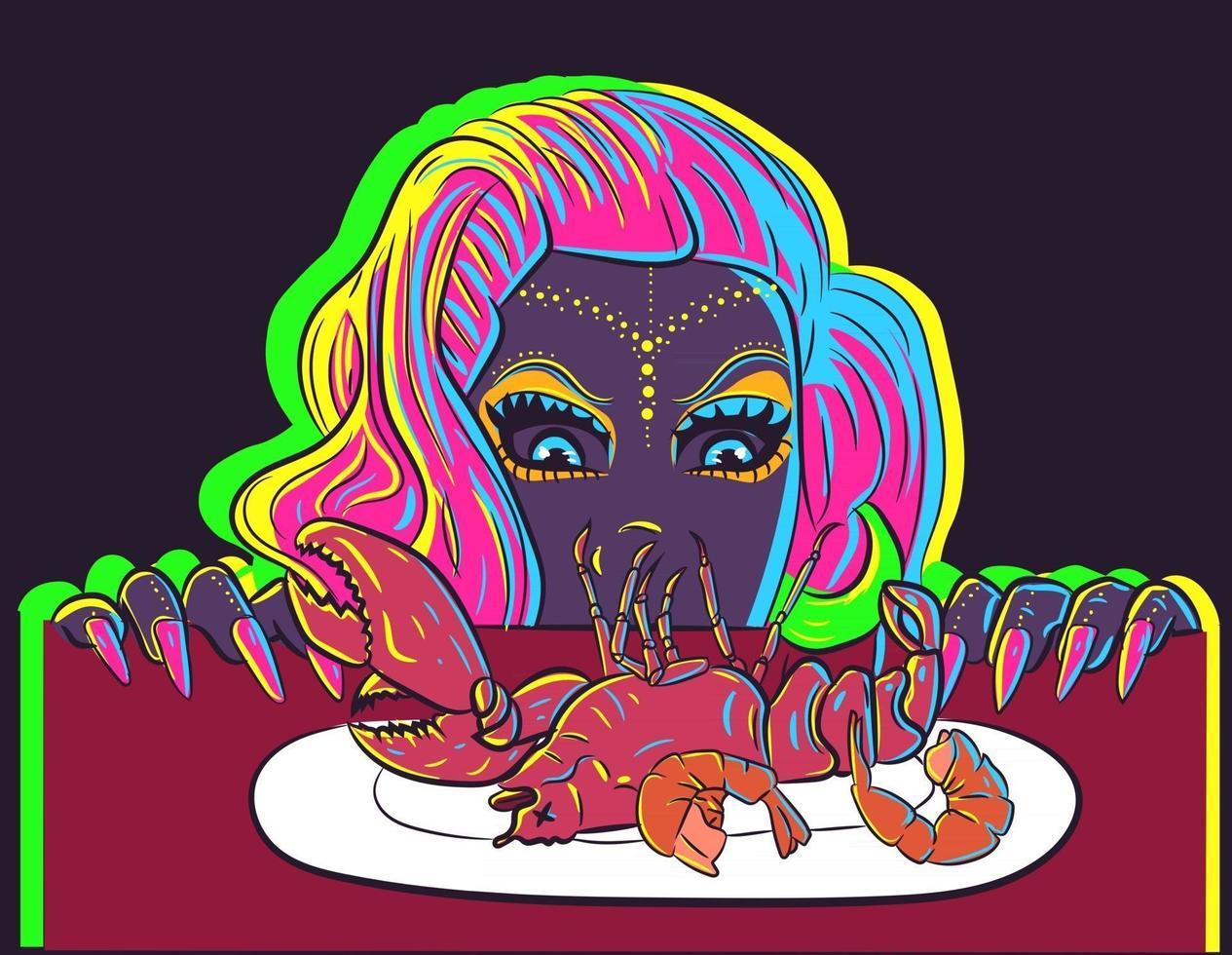 garota com fome olha debaixo da mesa para um jantar com camarão e lagosta. mulher brilhante de néon anseia por frutos do mar no prato. vetor de uma senhora com cabelo rosa fabuloso