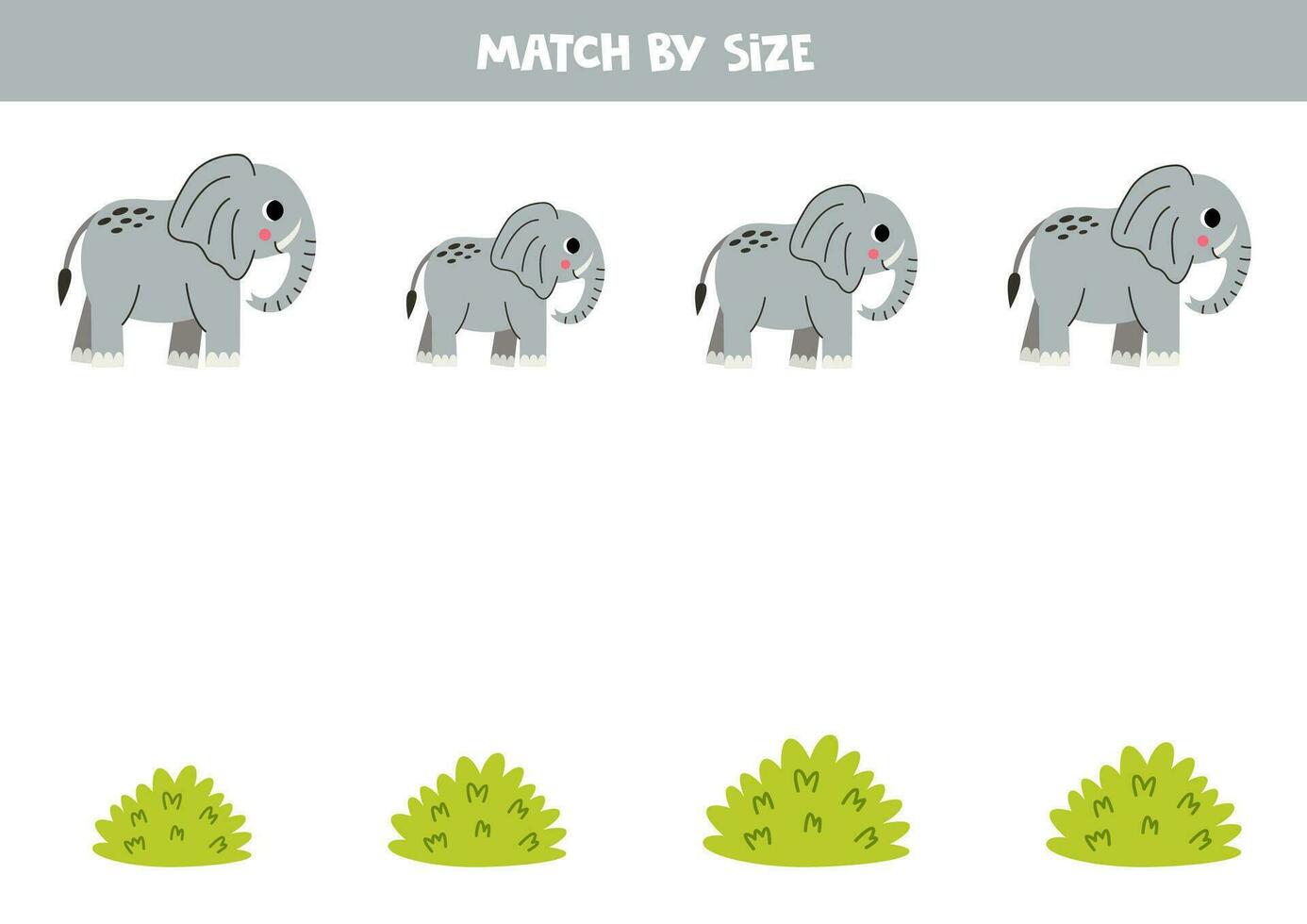 Coincidindo jogos para pré escola crianças. Combine fofa cinzento elefantes e arbustos de tamanho. vetor
