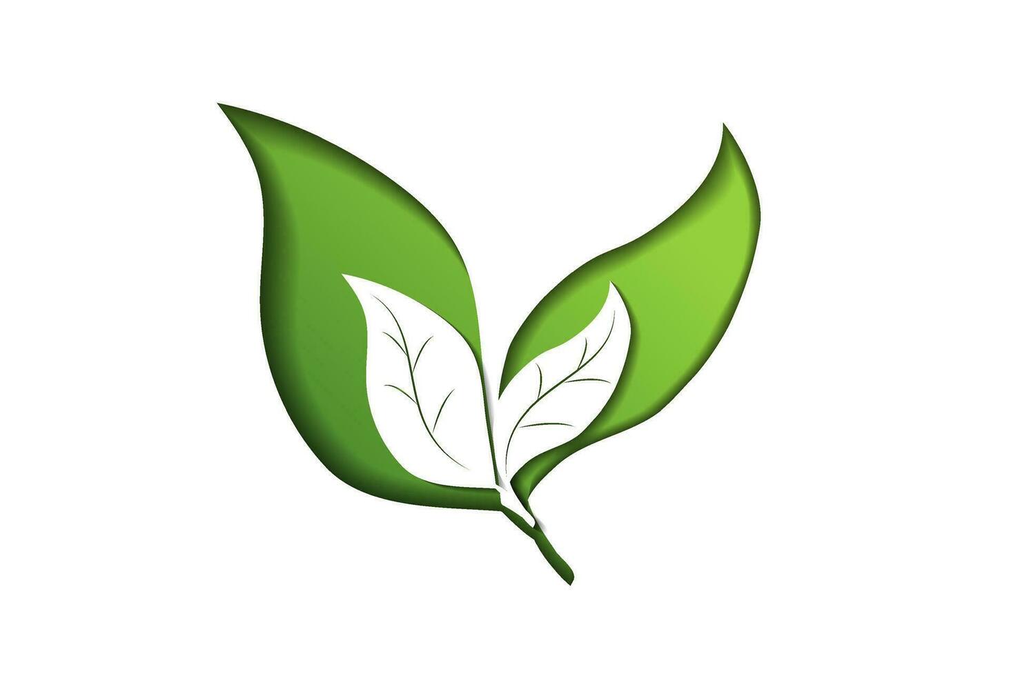 eco amigáveis verde logotipo em uma branco fundo com verde folhas dentro papel cortar estilo. a conceito do verde ecologia, limpar \ limpo ecologia, de Meio Ambiente simpatia do produtos, eco amigáveis vetor