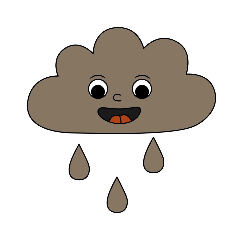 retro Anos 70 groovy feliz nuvem personagem com pingos de chuva. chuva mascote com emocional face. desenho animado isolado vetor ilustração