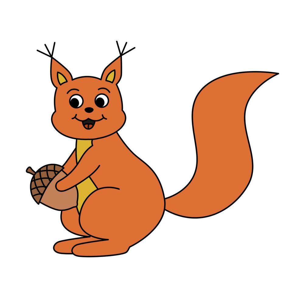 retro groovy sorridente esquilo segurando bolota. vermelho esquilo personagem. desenho animado isolado vetor ilustração