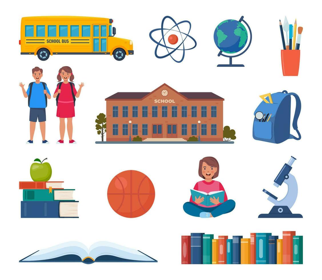 escola, Ciência e Educação ícones. microscópio, átomo, alunos, escola prédio, escola ônibus, livros, magnético, globo, basquetebol. costas para escola. vetor ilustração.