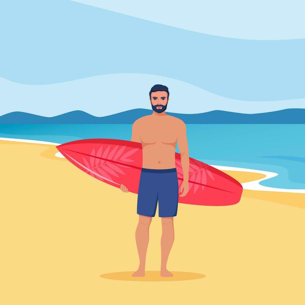 jovem homem surfista com prancha de surfe em pé em a de praia. sorridente surfista cara. vetor ilustração.