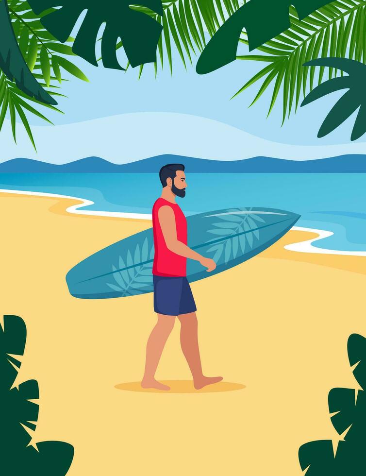 jovem homem anda em com uma prancha de surfe para a mar. vetor ilustração.