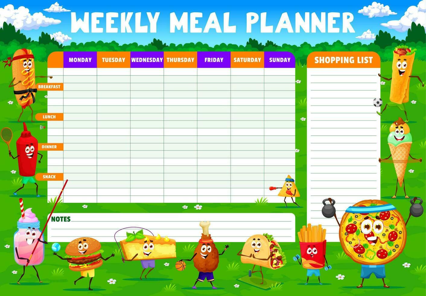 semanal refeição planejador com desenho animado velozes Comida refeições vetor