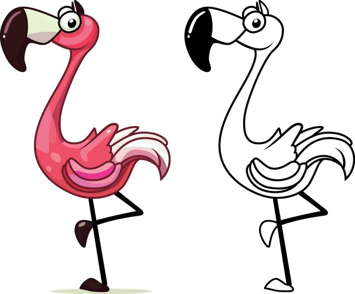 desenho animado flamingo em 1 perna estoque vetor ilustração, flamingo pássaro cartão estilo meia vetor imagem, colori e Preto e branco linha obra de arte