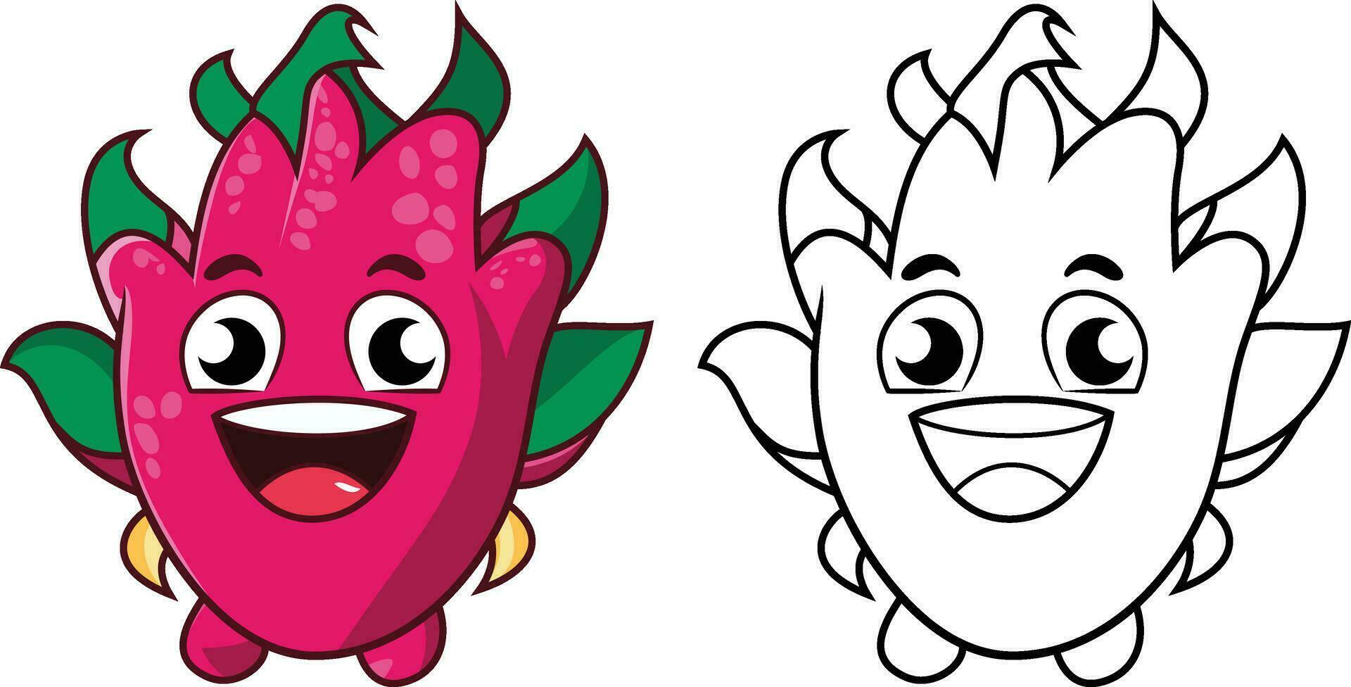 feliz Dragão fruta desenho animado personagem vetor imagem, pitaya fruta mascote personagem logotipo ícone ou símbolo vetor imagem, colori e Preto e branco estoque vetor
