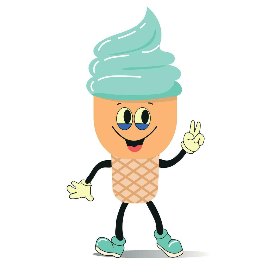 kawaii ilustração do gelo creme cone. gelo creme cone personagem com olhos e pernas.personagem fofa risonho quadrinho. plano Projeto. vetor ilustração isolado em branco fundo.