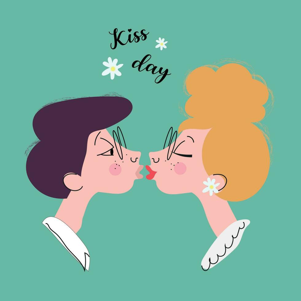 mundo beijo dia. dia dos namorados dia. fofa desenho animado casal do amantes estão se beijando. mágico sentimentos. para imprimir, poster, cartão postal. vetor