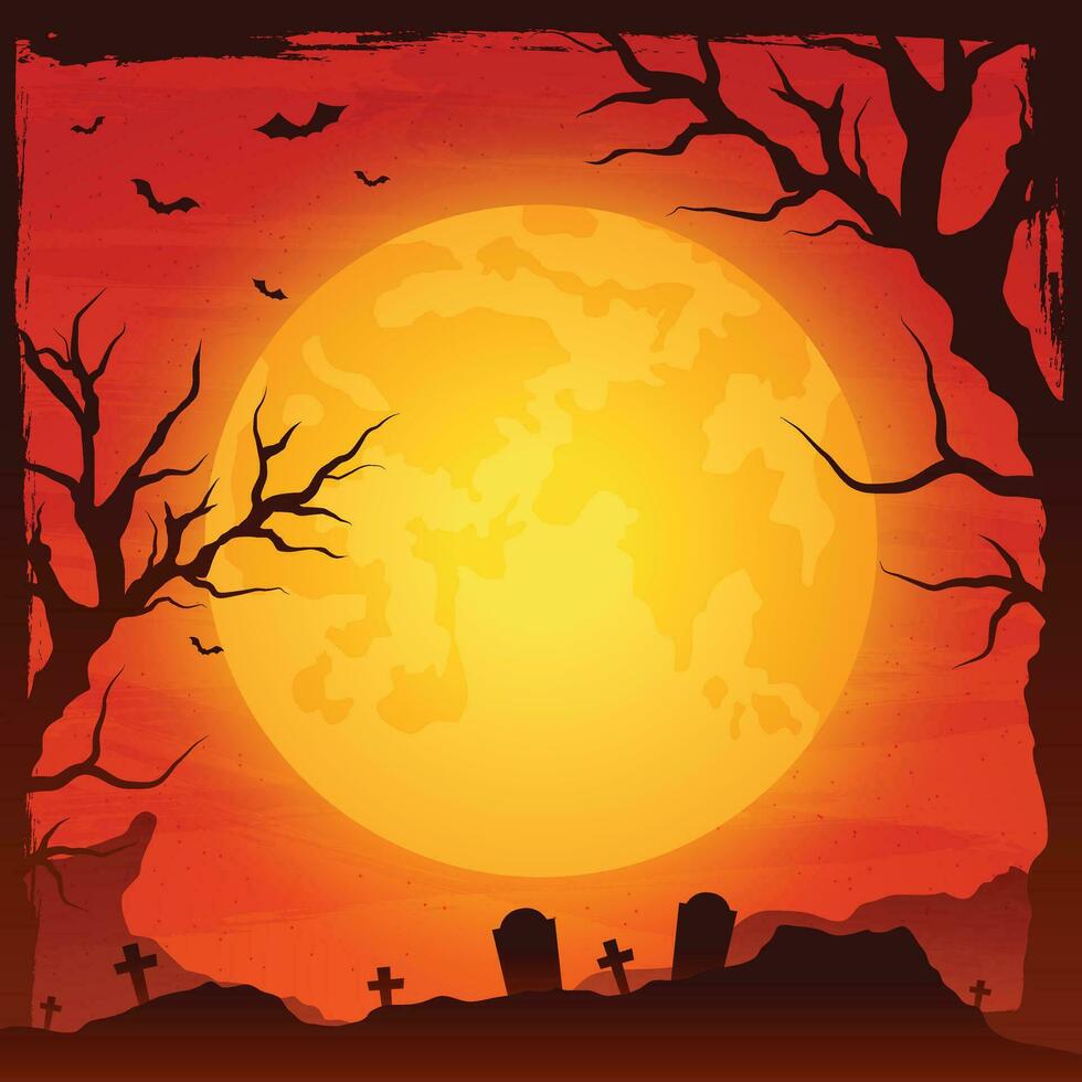 dia das Bruxas cartão modelo com cheio lua, assustador castelo, abóboras e morcegos. vetor